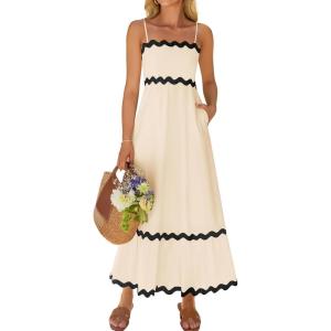 imageZESICA Womens 2025 Summer Spaghetti Straps Sleeveless Backless Sundress Flowy Smocked Lace Swing A Line Midi DressApricot