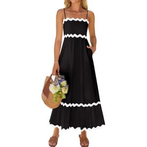 imageZESICA Womens 2025 Summer Spaghetti Straps Sleeveless Backless Sundress Flowy Smocked Lace Swing A Line Midi DressBlack