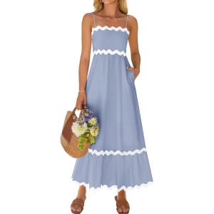 imageZESICA Womens 2025 Summer Spaghetti Straps Sleeveless Backless Sundress Flowy Smocked Lace Swing A Line Midi DressBlue
