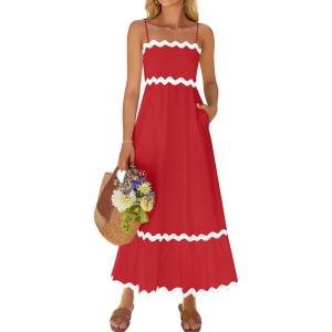 imageZESICA Womens 2025 Summer Spaghetti Straps Sleeveless Backless Sundress Flowy Smocked Lace Swing A Line Midi DressRed