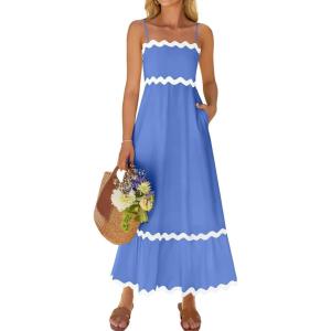 imageZESICA Womens 2025 Summer Spaghetti Straps Sleeveless Backless Sundress Flowy Smocked Lace Swing A Line Midi DressSapphire Blue