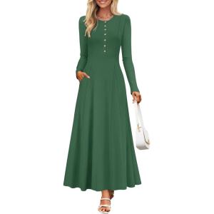 imageZESICA Womens Elegant Maxi Dresses 2025 Spring Long Sleeve Button Casual A Line Boho Flowy Dress with PocketsBlackish Green