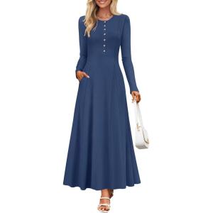 imageZESICA Womens Elegant Maxi Dresses 2025 Spring Long Sleeve Button Casual A Line Boho Flowy Dress with PocketsBlue Grey