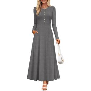 imageZESICA Womens Elegant Maxi Dresses 2025 Spring Long Sleeve Button Casual A Line Boho Flowy Dress with PocketsGrey