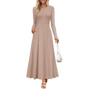 imageZESICA Womens Elegant Maxi Dresses 2025 Spring Long Sleeve Button Casual A Line Boho Flowy Dress with PocketsKhaki