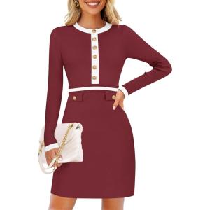 imageZESICA Womens Fall Long Sleeve Bodycon Sweater Dress Crewneck Button Knit Color Block Party Mini DressesRed