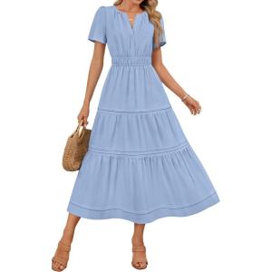 imageZESICA Womens Summer Casual Midi Dresses 2025 Short Sleeve V Neck Elastic Waist Elegant Boho Flowy Long Dress with PocketBlue