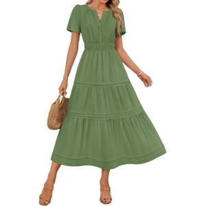 imageZESICA Womens Summer Casual Midi Dresses 2025 Short Sleeve V Neck Elastic Waist Elegant Boho Flowy Long Dress with PocketGreen
