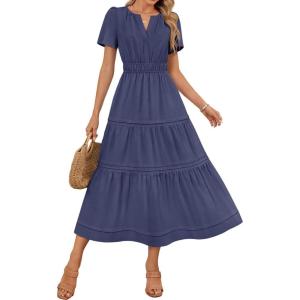 imageZESICA Womens Summer Casual Midi Dresses 2025 Short Sleeve V Neck Elastic Waist Elegant Boho Flowy Long Dress with PocketNavy