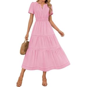 imageZESICA Womens Summer Casual Midi Dresses 2025 Short Sleeve V Neck Elastic Waist Elegant Boho Flowy Long Dress with PocketPink