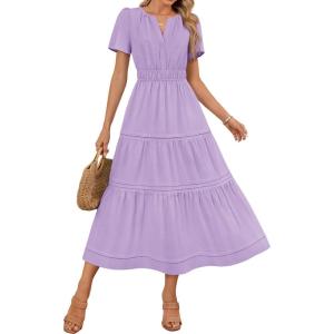 imageZESICA Womens Summer Casual Midi Dresses 2025 Short Sleeve V Neck Elastic Waist Elegant Boho Flowy Long Dress with PocketPurple
