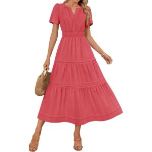 imageZESICA Womens Summer Casual Midi Dresses 2025 Short Sleeve V Neck Elastic Waist Elegant Boho Flowy Long Dress with PocketWatermelon