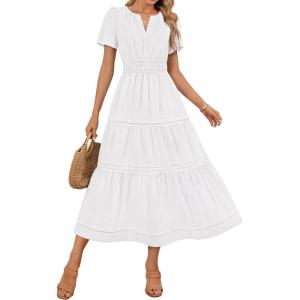 imageZESICA Womens Summer Casual Midi Dresses 2025 Short Sleeve V Neck Elastic Waist Elegant Boho Flowy Long Dress with PocketWhite