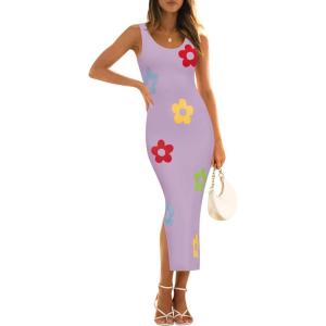 imageZESICA Womens Summer Floral Knit Bodycon Midi Dress 2025 Sleeveless Crew Neck Color Block Long Beach Party DressesPurple