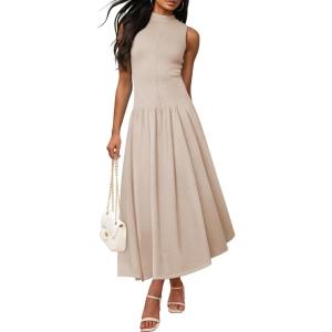 imageZESICA Womens Summer Sleeveless Tank Maxi Dress 2025 Mock Neck Ribbed Knit High Waist Flowy Wedding Guest Long DressesApricot