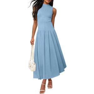 imageZESICA Womens Summer Sleeveless Tank Maxi Dress 2025 Mock Neck Ribbed Knit High Waist Flowy Wedding Guest Long DressesBlue