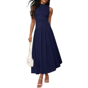 imageZESICA Womens Summer Sleeveless Tank Maxi Dress 2025 Mock Neck Ribbed Knit High Waist Flowy Wedding Guest Long DressesNavy