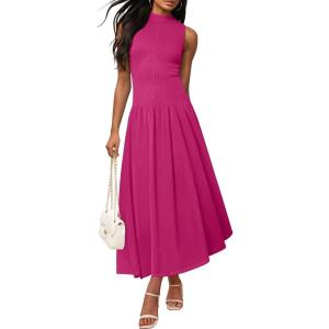 imageZESICA Womens Summer Sleeveless Tank Maxi Dress 2025 Mock Neck Ribbed Knit High Waist Flowy Wedding Guest Long DressesRose