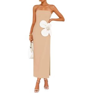 imageZESICA Womens Summer Strapless Bodycon Maxi Dress 2025 Ribbed Knit Backless Floral Tube Cocktail Party Long DressesApricot