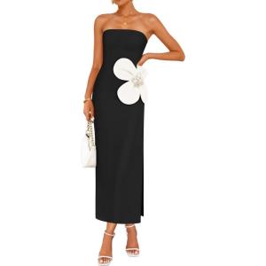 imageZESICA Womens Summer Strapless Bodycon Maxi Dress 2025 Ribbed Knit Backless Floral Tube Cocktail Party Long DressesBlack