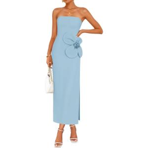 imageZESICA Womens Summer Strapless Bodycon Maxi Dress 2025 Ribbed Knit Backless Floral Tube Cocktail Party Long DressesBlue
