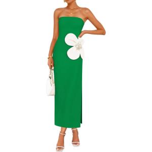 imageZESICA Womens Summer Strapless Bodycon Maxi Dress 2025 Ribbed Knit Backless Floral Tube Cocktail Party Long DressesGreen