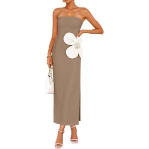 imageZESICA Womens Summer Strapless Bodycon Maxi Dress 2025 Ribbed Knit Backless Floral Tube Cocktail Party Long DressesKhaki