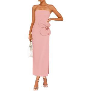 imageZESICA Womens Summer Strapless Bodycon Maxi Dress 2025 Ribbed Knit Backless Floral Tube Cocktail Party Long DressesPink