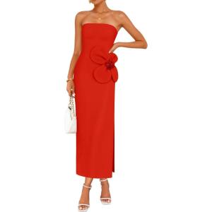 imageZESICA Womens Summer Strapless Bodycon Maxi Dress 2025 Ribbed Knit Backless Floral Tube Cocktail Party Long DressesRed