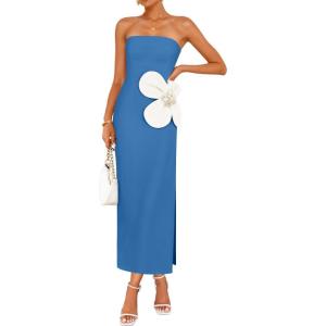 imageZESICA Womens Summer Strapless Bodycon Maxi Dress 2025 Ribbed Knit Backless Floral Tube Cocktail Party Long DressesRoyalblue