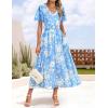 imageZESICA Womens 2025 Summer Floral V Neck Midi Dress Boho Short Sleeve High Waist Flowy Beach Vacation Dresses with BeltBlue