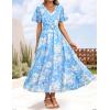 imageZESICA Womens 2025 Summer Floral V Neck Midi Dress Boho Short Sleeve High Waist Flowy Beach Vacation Dresses with BeltBlue