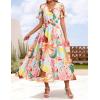 imageZESICA Womens 2025 Summer Floral V Neck Midi Dress Boho Short Sleeve High Waist Flowy Beach Vacation Dresses with BeltBlue Pink