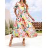 imageZESICA Womens 2025 Summer Floral V Neck Midi Dress Boho Short Sleeve High Waist Flowy Beach Vacation Dresses with BeltBlue Pink
