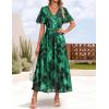 imageZESICA Womens 2025 Summer Floral V Neck Midi Dress Boho Short Sleeve High Waist Flowy Beach Vacation Dresses with BeltDarkgreen