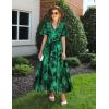imageZESICA Womens 2025 Summer Floral V Neck Midi Dress Boho Short Sleeve High Waist Flowy Beach Vacation Dresses with BeltDarkgreen