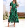 imageZESICA Womens 2025 Summer Floral V Neck Midi Dress Boho Short Sleeve High Waist Flowy Beach Vacation Dresses with BeltDarkgreen