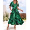 imageZESICA Womens 2025 Summer Floral V Neck Midi Dress Boho Short Sleeve High Waist Flowy Beach Vacation Dresses with BeltDarkgreen