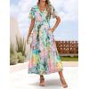 imageZESICA Womens 2025 Summer Floral V Neck Midi Dress Boho Short Sleeve High Waist Flowy Beach Vacation Dresses with BeltGreen