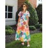 imageZESICA Womens 2025 Summer Floral V Neck Midi Dress Boho Short Sleeve High Waist Flowy Beach Vacation Dresses with BeltOrangeyellow