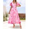 imageZESICA Womens 2025 Summer Floral V Neck Midi Dress Boho Short Sleeve High Waist Flowy Beach Vacation Dresses with BeltPink
