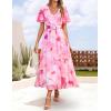 imageZESICA Womens 2025 Summer Floral V Neck Midi Dress Boho Short Sleeve High Waist Flowy Beach Vacation Dresses with BeltPink