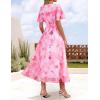 imageZESICA Womens 2025 Summer Floral V Neck Midi Dress Boho Short Sleeve High Waist Flowy Beach Vacation Dresses with BeltPink
