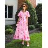 imageZESICA Womens 2025 Summer Floral V Neck Midi Dress Boho Short Sleeve High Waist Flowy Beach Vacation Dresses with BeltPink
