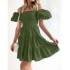 imageZESICA Womens Boho 2025 Summer Square Neck Puff Sleeve Off Shoulder Smocked Tiered Casual A Line Short Mini DressArmygreen