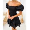imageZESICA Womens Boho 2025 Summer Square Neck Puff Sleeve Off Shoulder Smocked Tiered Casual A Line Short Mini DressBlack