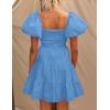 imageZESICA Womens Boho 2025 Summer Square Neck Puff Sleeve Off Shoulder Smocked Tiered Casual A Line Short Mini DressBlue
