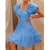 imageZESICA Womens Boho 2025 Summer Square Neck Puff Sleeve Off Shoulder Smocked Tiered Casual A Line Short Mini DressBlue