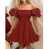 imageZESICA Womens Boho 2025 Summer Square Neck Puff Sleeve Off Shoulder Smocked Tiered Casual A Line Short Mini DressBrickred