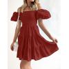 imageZESICA Womens Boho 2025 Summer Square Neck Puff Sleeve Off Shoulder Smocked Tiered Casual A Line Short Mini DressBrickred